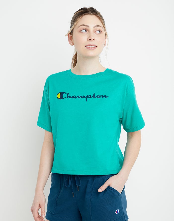 Camiseta Champion Mujer - Cropped Script Logo ( Turquesa ) 3851790-ST